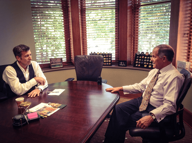 Dean Bresciani (at right), president, North Dakota State University (and formerly of Texas A&M), is overseeing oil and gas research, big data development and energy economics in the Bakken oil fields and the Midwest region. Photo by Jason Spiess 