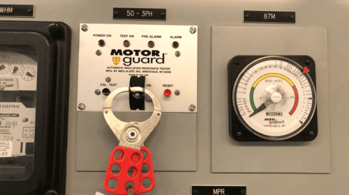 The Meg-Alert Model GP5000-MU-AS (ARC SAFE) remote LED/switch panel with on/off switch LOTO bracket and analog megohm meter