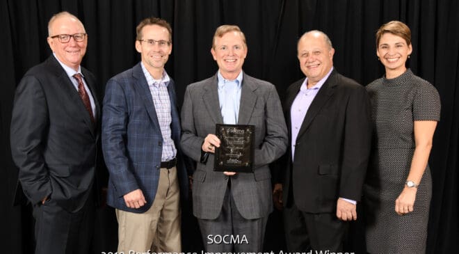 2019 SOCMA Performance Improvement Award (L to R) Gene Williams Chairman SOCMA Board, Joe Welch MFG Chemical EHSS, Keith Arnold Pres CEO MFG Chemical, Jon Amdursky MFG Marketing Comm, Jennifer Abril SOCMA Pres CEO.