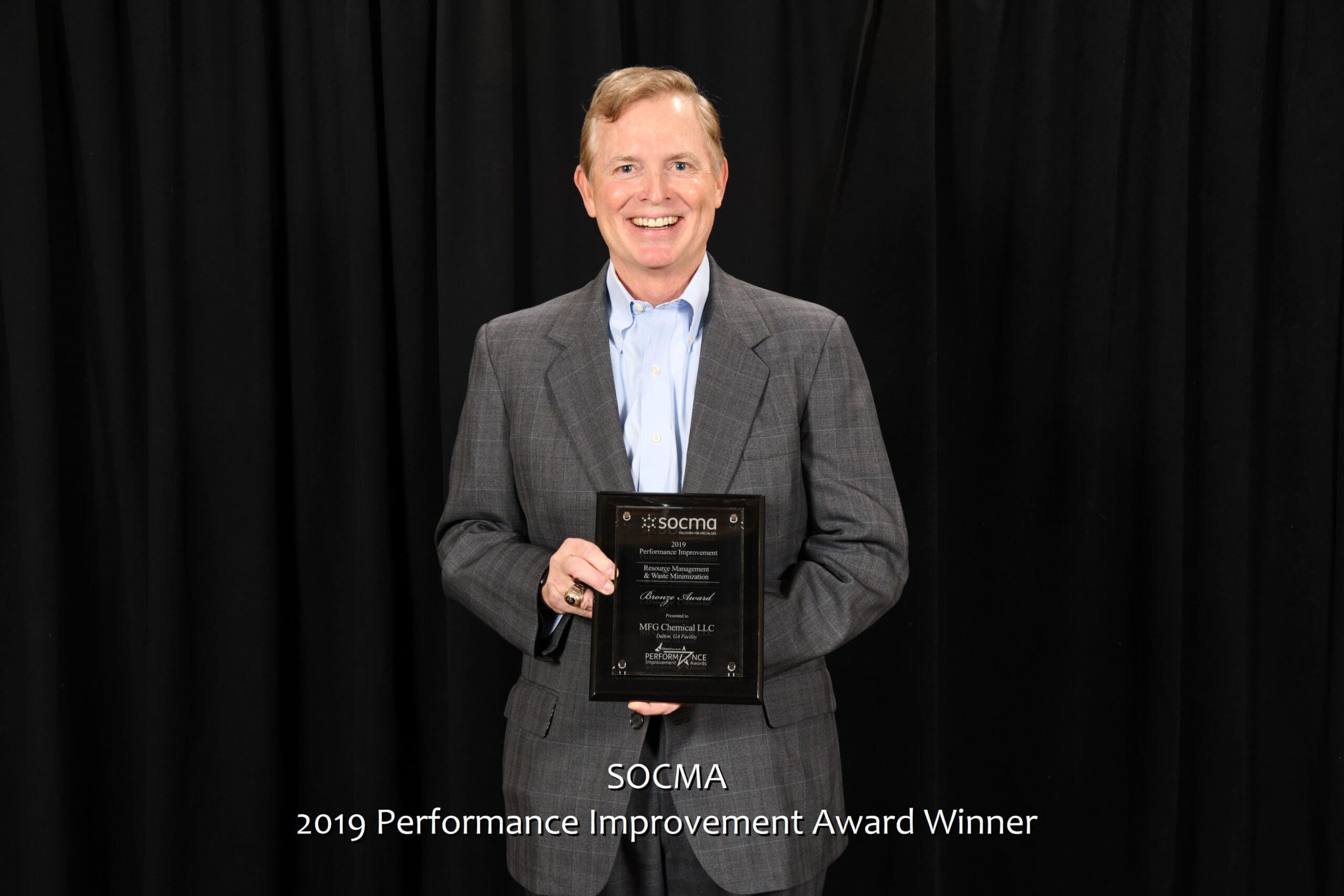 MFG Chemical Receives 2019 Plant EHS&S Performance Improvement Award 2 Keith Arnold President CEO MFG Chemical and SOCMA Board of Governors accepts 2019 Performance Improvement Award from SOCMA Dec 2019. scaled