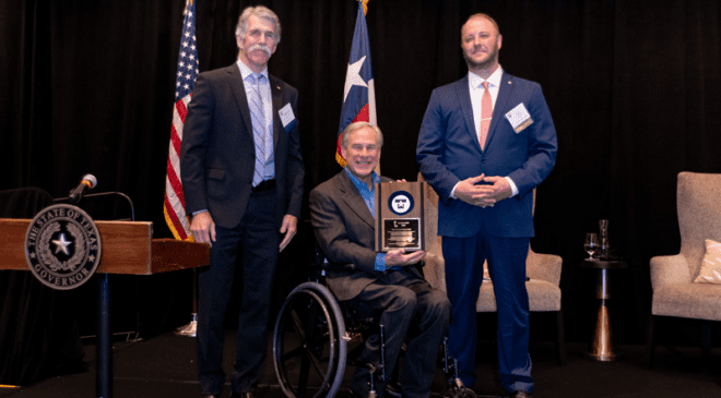 Former TIPRO Chairman Brent Hopkins and TIPRO President Ed Longanecker pictured with Texas Governor Greg Abbott at the association’s Annual Convention in 2022. Photo courtesy of the Texas Independent Producers & Royalty Owners Association.