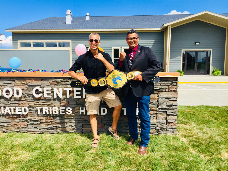 Johnny Green (left) and Mark Fox (right), chairman of the Mandan, Hidatsa and Arikara Nation, and a U.S. Marine Corps veteran.