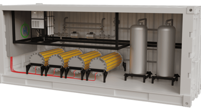Going Off the Grid to Create Low-Cost Hydrogen 60 An industrial electrolyzer currently under construction that will be able to produce one ton of green hydrogen per day, which is enough to fuel a fleet of heavy-duty hydrogen vehicles. Photos courtesy of Power to Hydrogen.