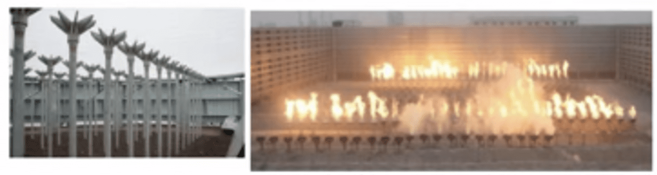 Open Ground Flare – Flare header is distributed, and flaring occurs at ground surrounded by radiation fences. Most have multiple burners that combine large amounts of gas to flare. The burners are located either in a refractory lined enclosure or in an open pit. Open ground flares can burn larger quantities than enclosed flares.