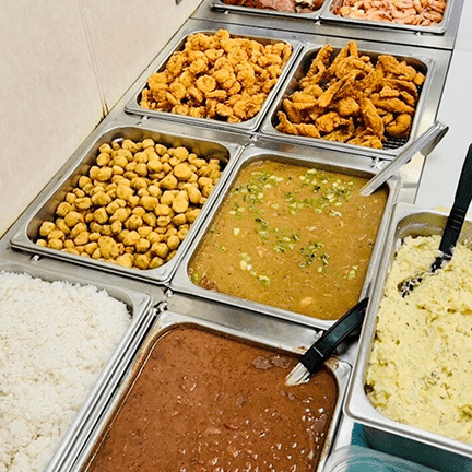 Premier Offshore Catering provides a robust menu featuring Louisiana Cajun dishes and theme nights with various delicious desserts.