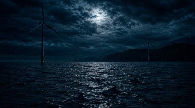 A wind farm rising in a cold northern sea is creating an invisible wall that drives porpoises away for up to 12 miles because they cannot tolerate the noise 36 porpoises swimming near offshore wind farm
