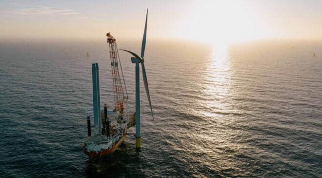 RWE just installed an offshore turbine with a low-carbon steel tower and recyclable blades at the same time, and the wind industry has never done that before 3 offshore wind turbine being installed