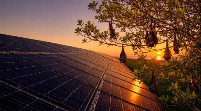 This solar plant was built near a bat colony’s home, but years later their population has grown tenfold and they now live beneath the panels 38 bats near solar panels