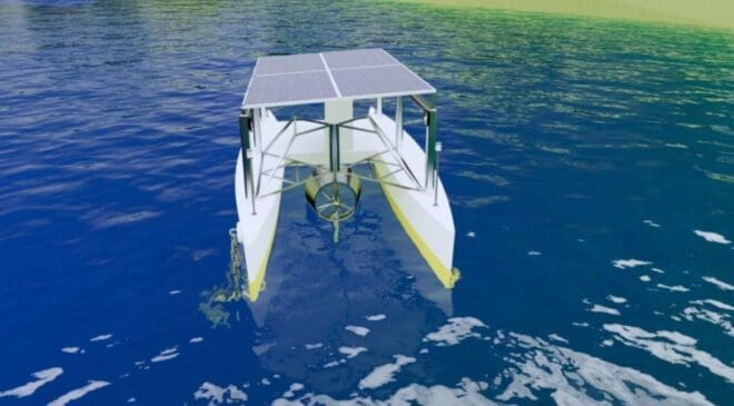 Beneath the waves, this catamaran spins a turbine with 6-meter swells while its solar panels keep generating power above the surface 20 floating hybrid tidal-solar system