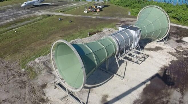 An inventor imagined a future without traditional wind turbines and built a giant funnel that pulls wind underground to make it even stronger 48 funnel-shaped wind turbine