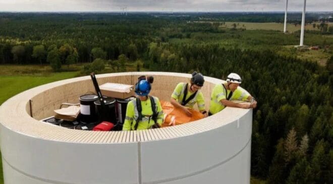 It looks like a Nordic building, but it’s actually a 492-foot-tall wooden wind turbine that absorbs its own vibrations and reduces noise 46 giant wood wind turbine under construction
