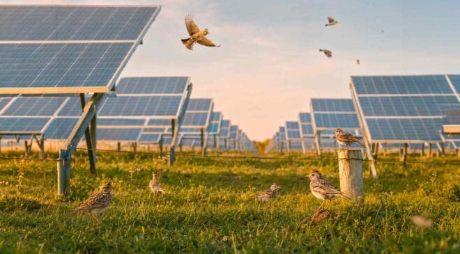 We thought solar plants were bad for birds until one site turned into a refuge for larks, with dozens of families now raising chicks beneath the panels 37 birds flying above solar panels