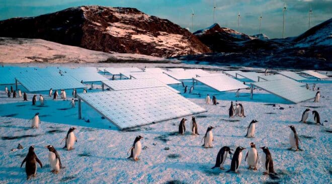 The first solar power plant ever built in Antarctica received an unexpected visit when a group of penguins entered as 'tourists' 50 pemguins moving around solar power plant