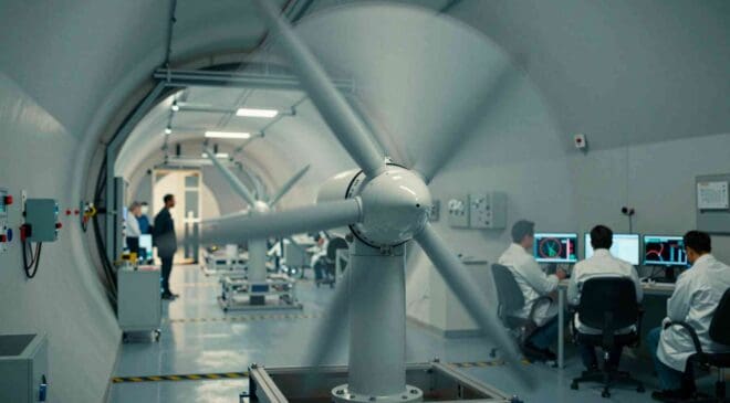 Wind tunnel tests validate aerodynamic model for counter-rotating dual-rotor small wind turbine, showing peak power coefficient of 0.33 with theoretical potential of 0.56 9 Wind turbine
