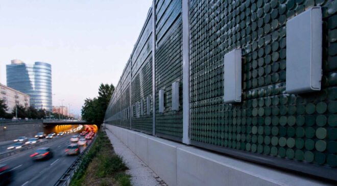 In Vienna, a roadside wall is swallowing traffic noise and turning it into enough electricity to power six homes for an entire year 19 traffic noise barrier solar wall in Vienna