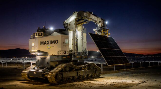 In the California desert, a robot named Maximo has already installed 182,000 solar panels, and it still has nearly 2 million more to place as it works through the night on mechanical caterpillar tracks 50 Maximo robot installing solar panels at night