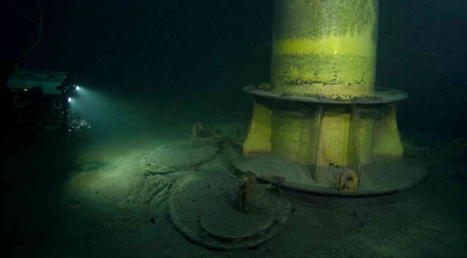 Cleveland planned to install six turbines in Lake Erie with bases that would cling to the bottom like giant suction cups, but the project was eventually put on hold 6 turbine base underwater Lake Erie Cleveland