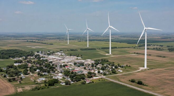 In Missouri, a farming town of just 1,300 people installed four giant turbines visible from 15 miles away and ended up producing more energy than it knew what to do with 4 four giant turbines in Missouri
