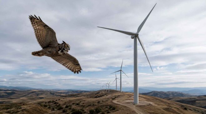 A California wind farm replaced 671 turbines with just 13 giant ones, but owls flying through the area have become its biggest concern 25 owl flying through wind farm turbines