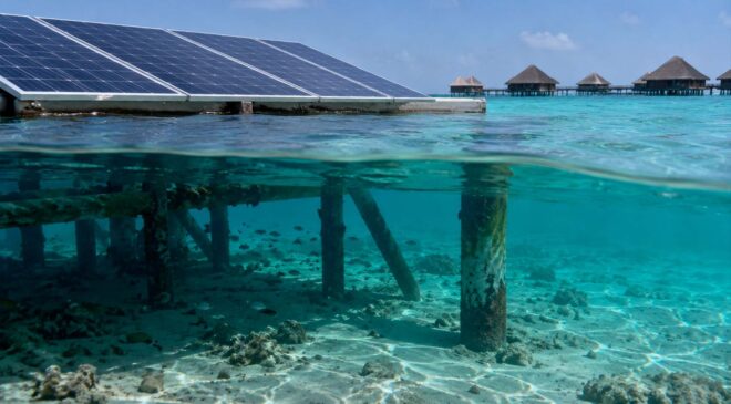 A hotel in the Maldives installed solar panels in its lagoon, and young fish discovered a new place to hide from predators 3 solar panels in Maldives lagoon