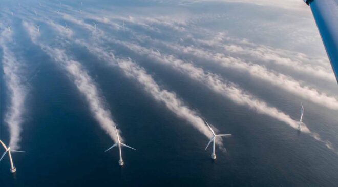 A pilot flying over Denmark looked out to sea and saw six-mile “ghost tails” stretching behind the wind turbines 42 fog trailing behind offshore wind turbines