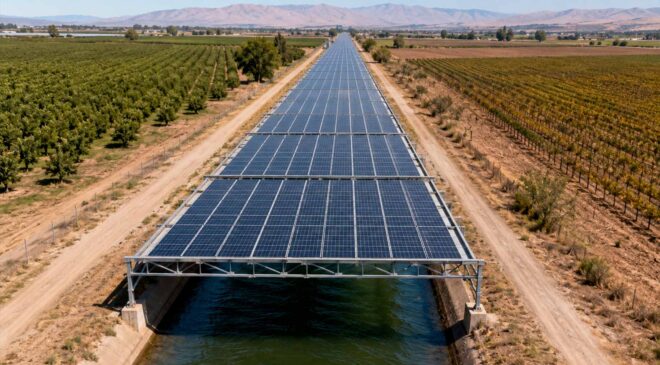 California covered a canal with solar panels to generate electricity without using extra land or disturbing the water flowing beneath, protecting the fish that live there 39 California canal covered with solar panels