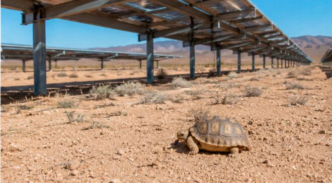 California’s desert looked perfect for a massive solar farm until newborn tortoises began appearing in the north and forced developers to rethink the plan 17 tortoise walking toward panels on solar farm