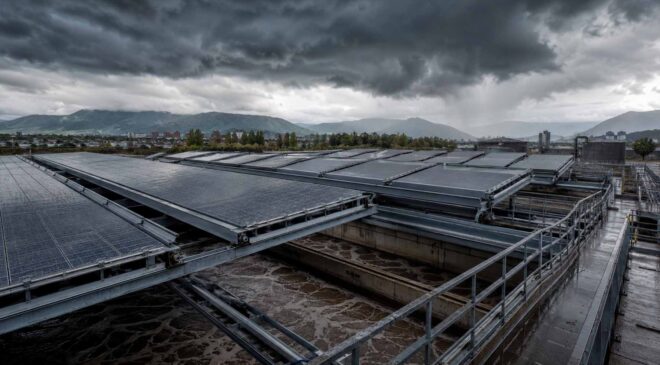 Switzerland covered a wastewater treatment plant with a solar roof that generates power in the sun and retracts when a storm approaches 29 storm approaching solar roof covering wastewater