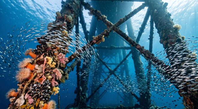 A single retired oil platform can turn into nearly 3 acres of underwater habitat, and off California the reef of rockfish on the rusting legs ranks among the most productive fish habitats on Earth 17 Fish swarming the steel legs of an oil platform reef
