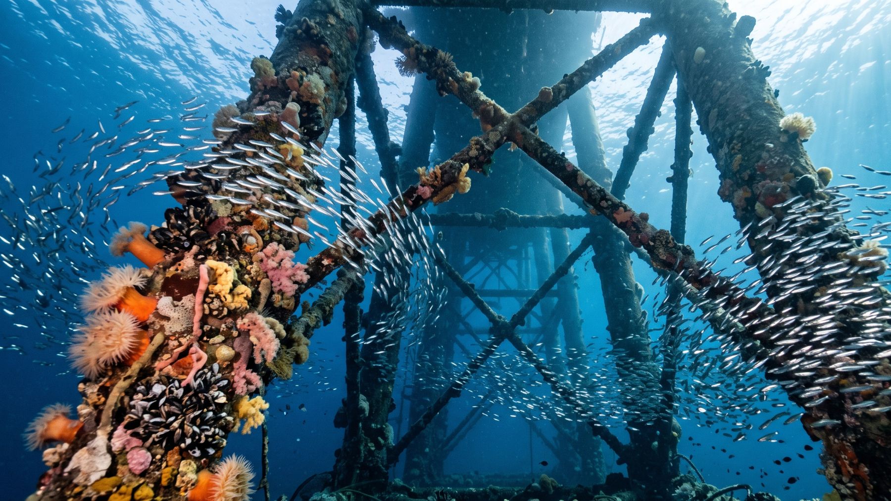 A single retired oil platform can turn into nearly 3 acres of underwater habitat, and off California the reef of rockfish on the rusting legs ranks among the most productive fish habitats on Earth 1 Fish swarming the steel legs of an oil platform reef