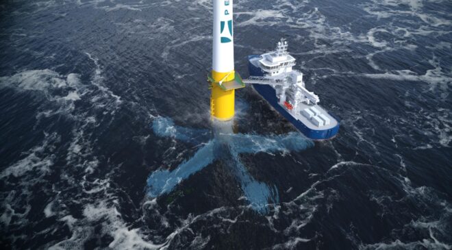 In the Atlantic Ocean, a “spider turbine” is generating power above the waves while five legs anchor it to the seafloor and leave room for fish to swim underneath 32 offshore turbine with five legs
