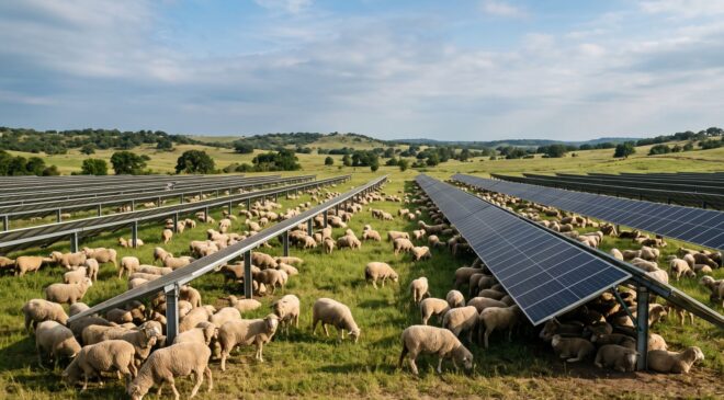 On a 10,000 acre solar farm in Texas, a flock of 6,000 sheep grazes beneath the solar panels, and the animals do a job that once took heavy mowers and whole crews of workers 19 Sheep grazing between rows of solar panels on a Texas farm