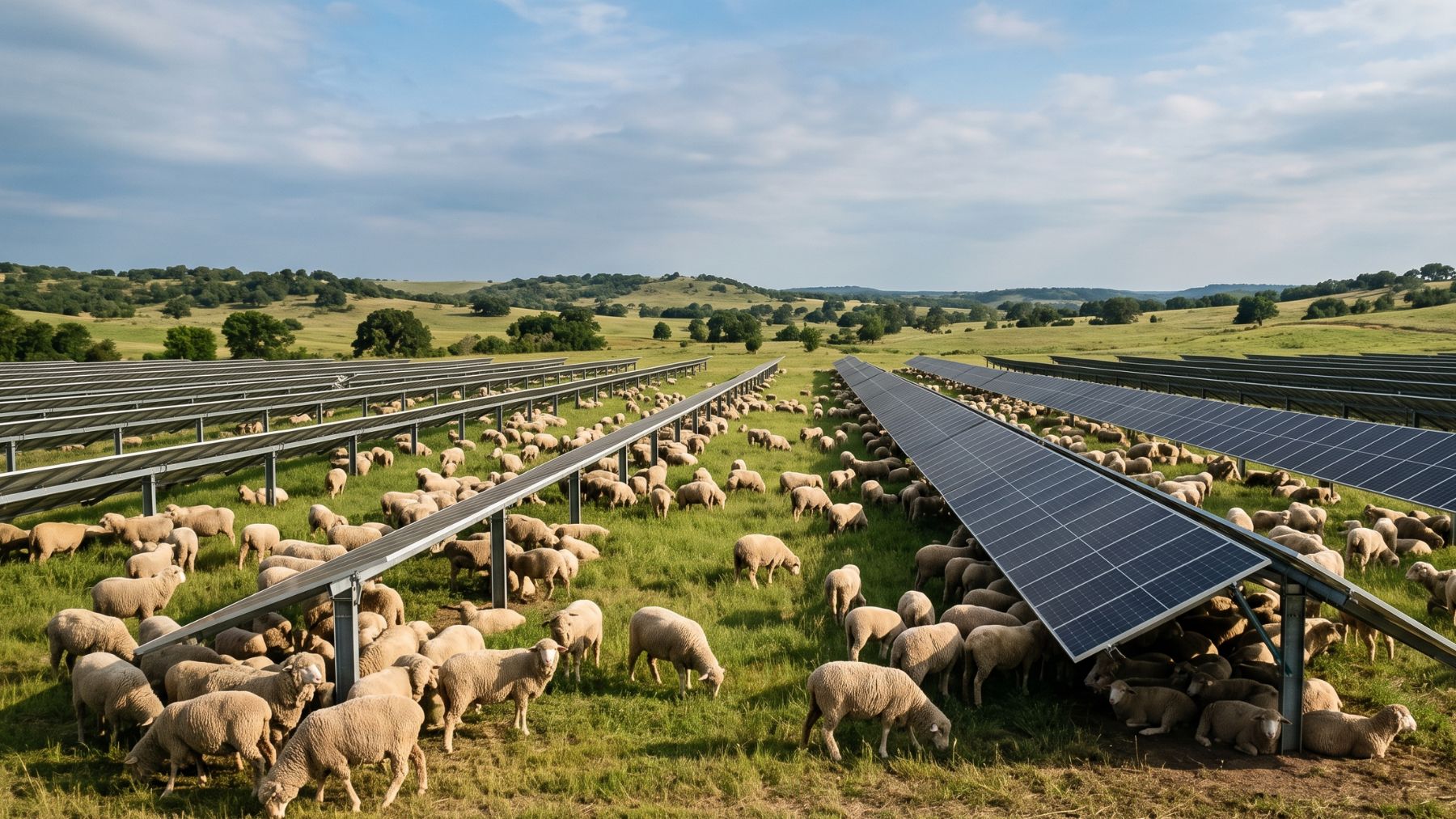 On a 10,000 acre solar farm in Texas, a flock of 6,000 sheep grazes beneath the solar panels, and the animals do a job that once took heavy mowers and whole crews of workers 1 Sheep grazing between rows of solar panels on a Texas farm