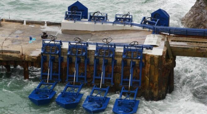 In Los Angeles Harbor, blue buoys rise and fall with the waves to guide blue whales safely through the shipping lanes, then disappear beneath the water when storms arrive 25 LA Harbor blue buoys rise with waves