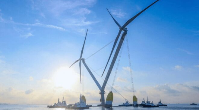In China, a wind turbine at sea with two rotors joined in a ‘V’ shape is generating as much electricity as 15 turbines running at full power 38 V-shaped wind turbine with two rotors