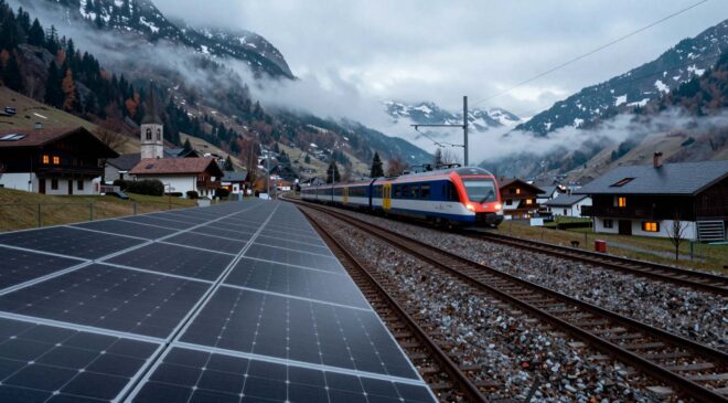 In a tiny Swiss village, every time a train rolls past, solar panels hidden beneath it generate clean electricity for nearby homes in a system the world has never seen before and one that has engineers asking the same question 25 img