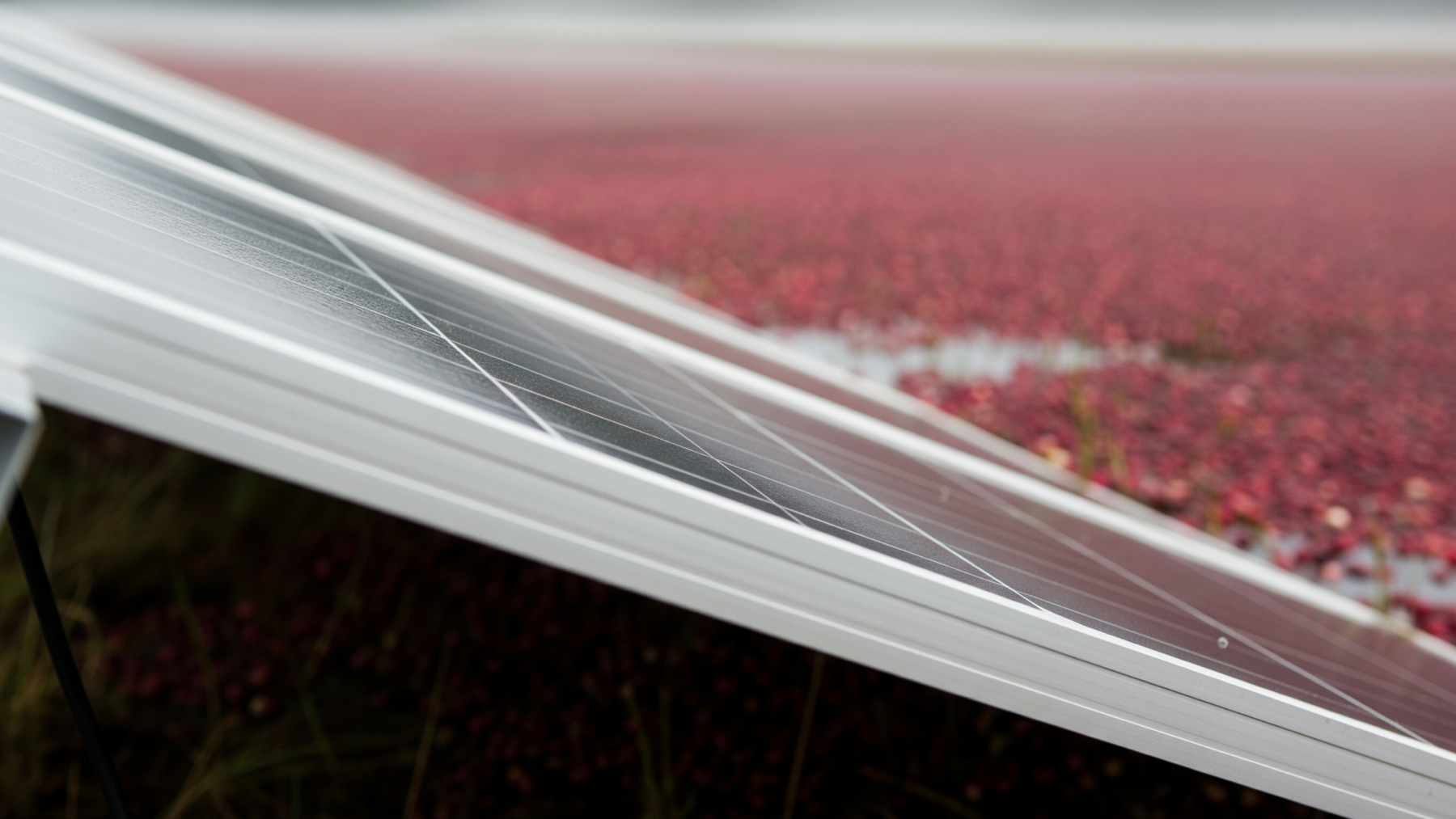Rows of solar panels gleam above 400 acres of Massachusetts cranberry bog, and a thin plastic layer no one ever reads about is what scientists just spent a year trying to find 1 Solar panel backsheet edge above a cranberry bog wetland, solar panels PFAS concern, solar panels gleam