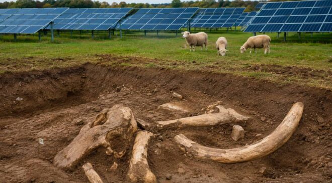 Mammoth bones were discovered beneath an Indiana field, then a solar farm was built above them and sheep, pigs, alpacas, donkeys, and a dog moved in to live and “work” there 16 sheep grazing near solar farm atop fossils