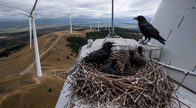The hawks abandoned six nests at an Oregon wind farm, so six crow families moved in and claimed them without permission 21 crows claiming nests at Oregon wind farm