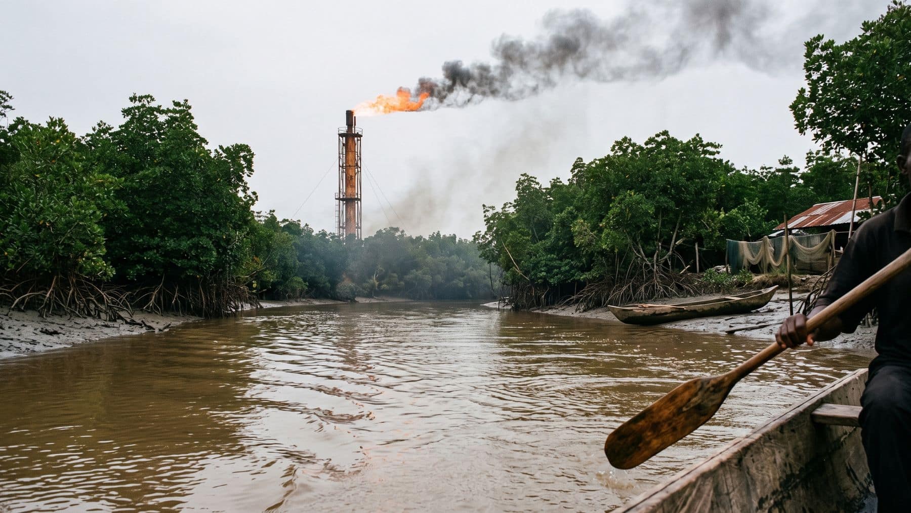 A Niger Delta gas flare burning over dark creek water