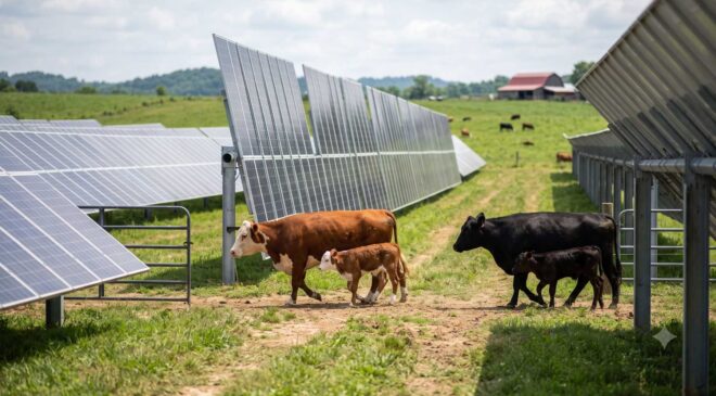 A Tennessee solar farm tilts its panels out of the way every few days so 10 cows and their calves can walk through to their grazing area 14 cattle grazing around solar panels