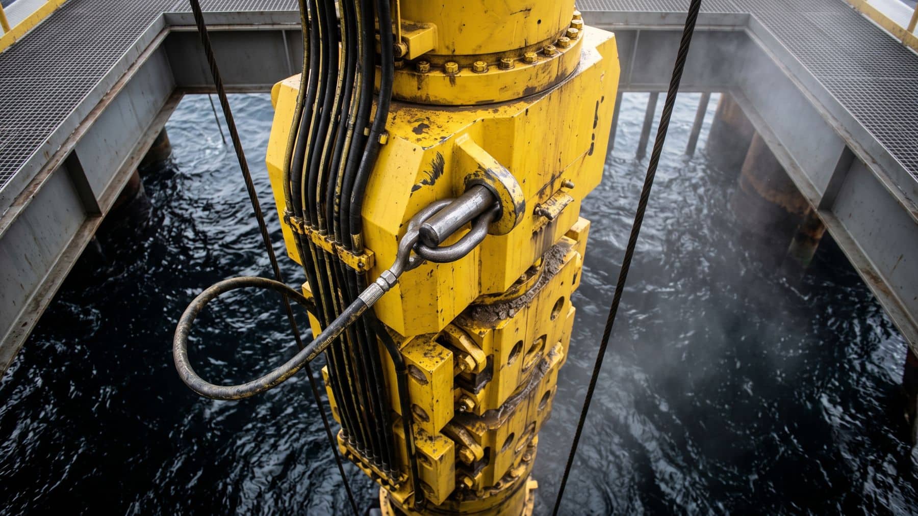 A blowout preventer stack hanging under a rig moonpool over water