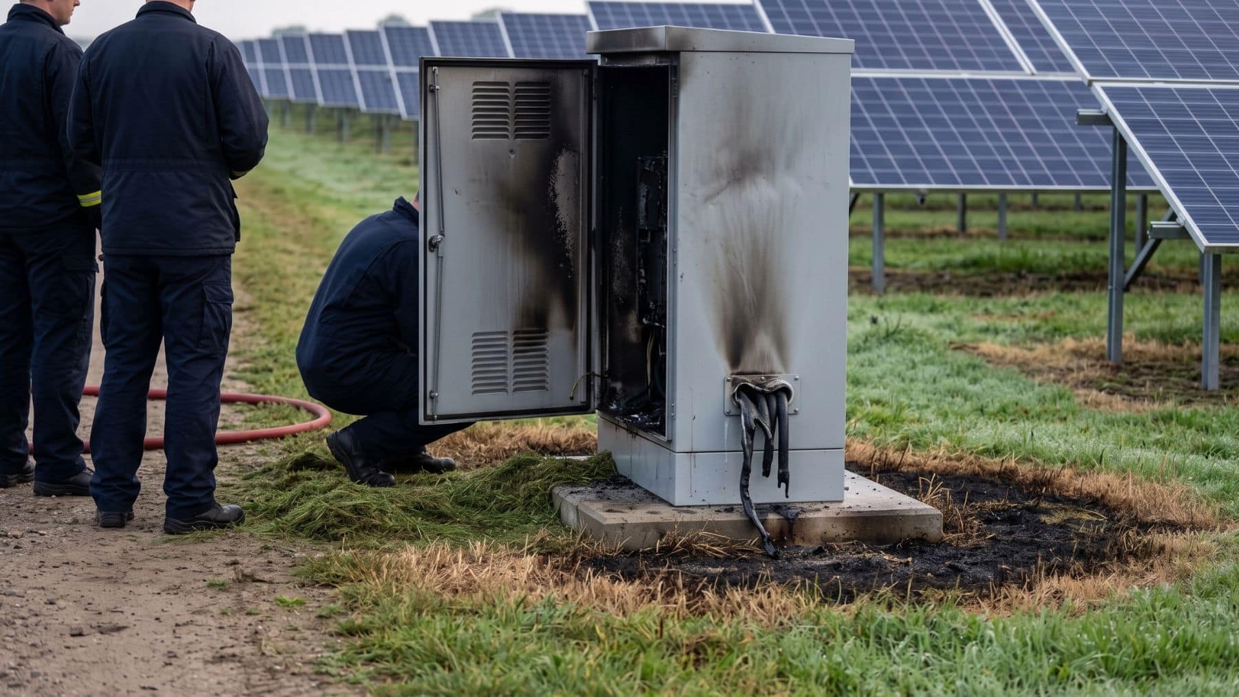 A burned solar inverter cabinet beside scorched grass