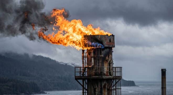A flare tip burning a tall ragged flame above the stack