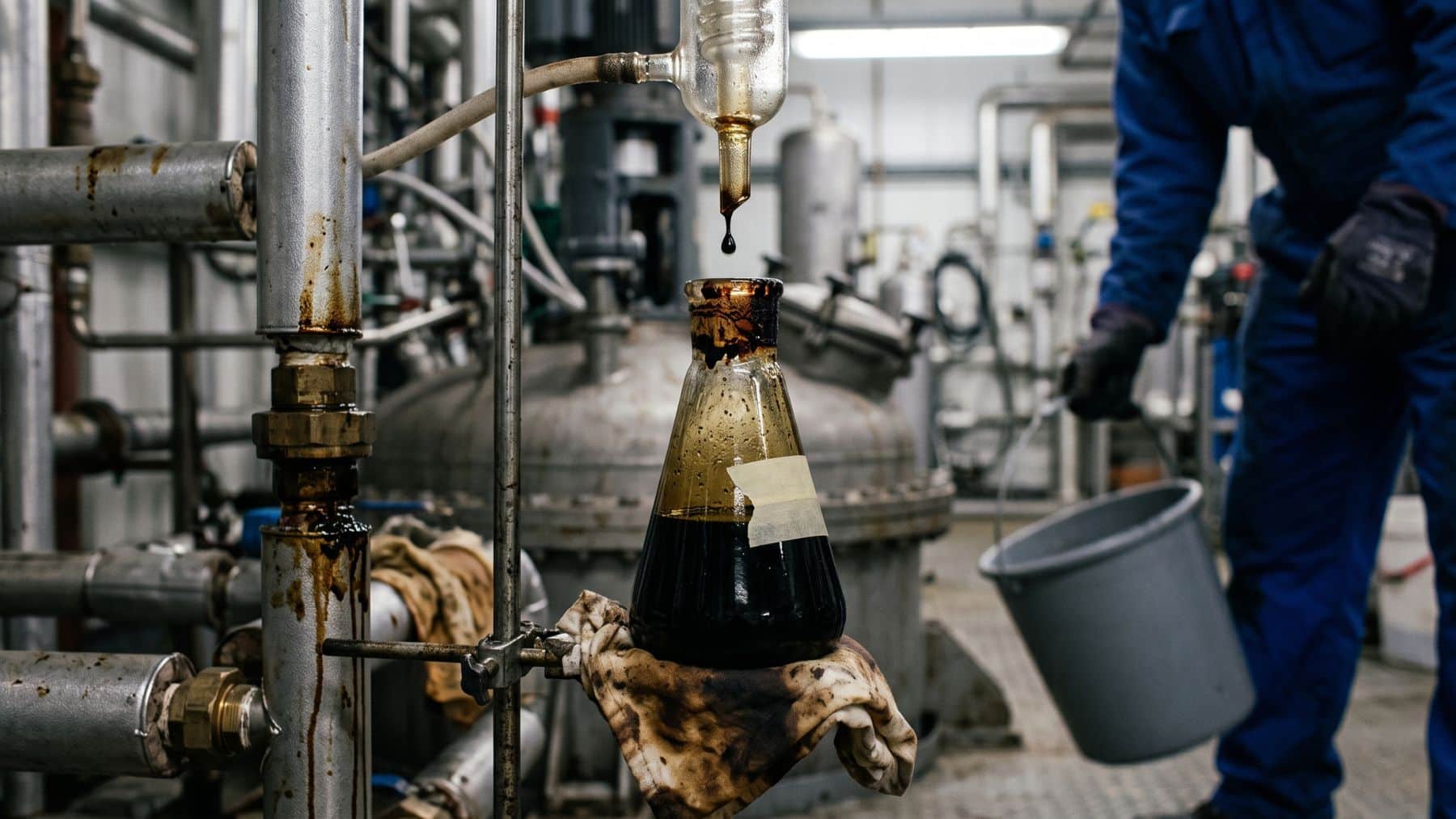A flask of bio tar collecting under a pyrolysis condenser outlet