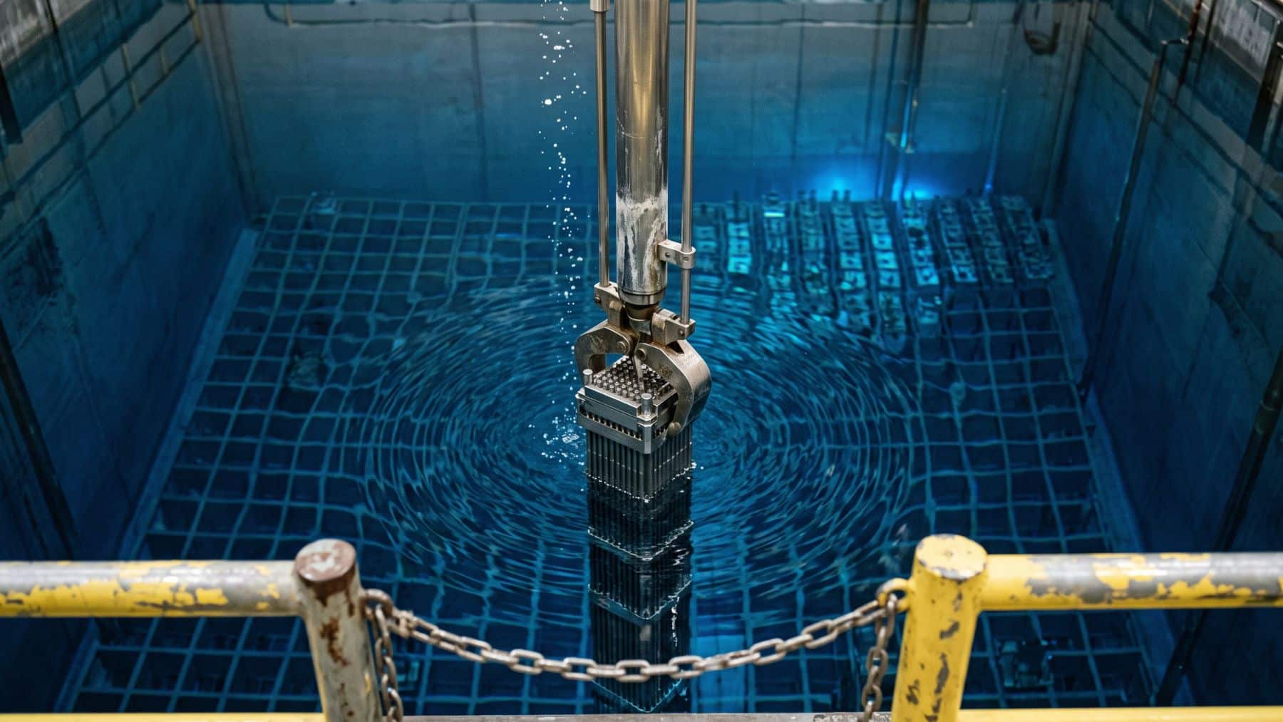 A fuel assembly lowered into a spent fuel pond