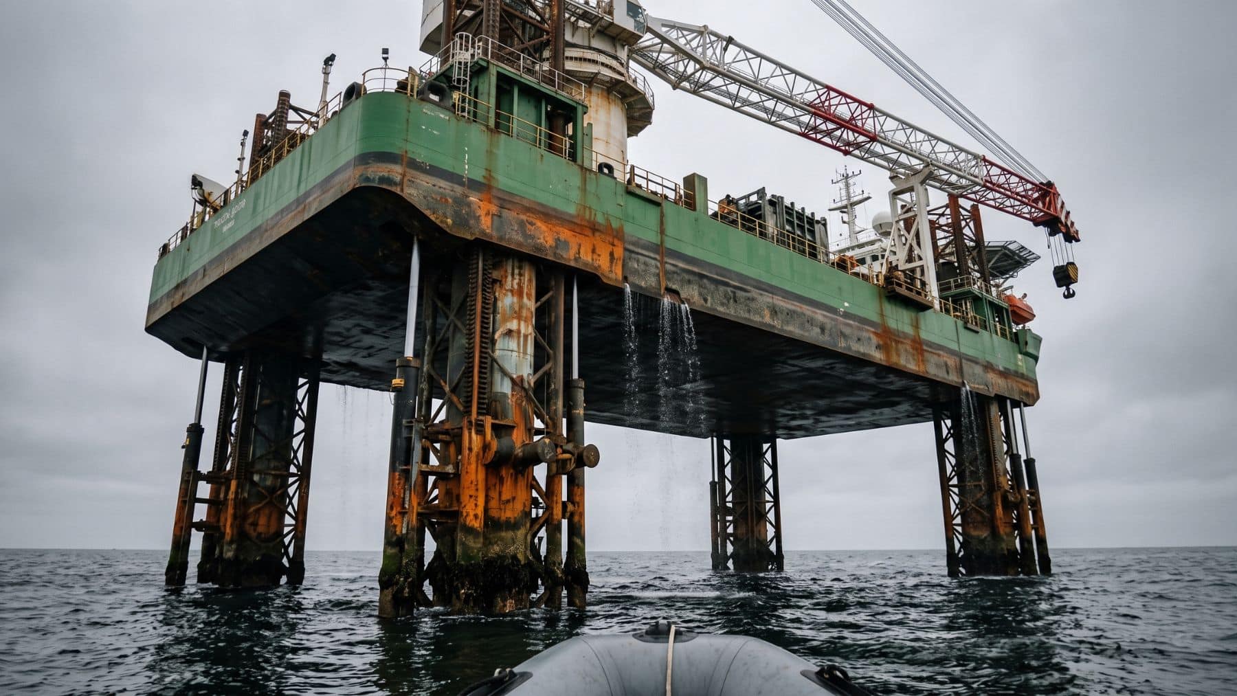 A jack up vessel standing on four legs above open water