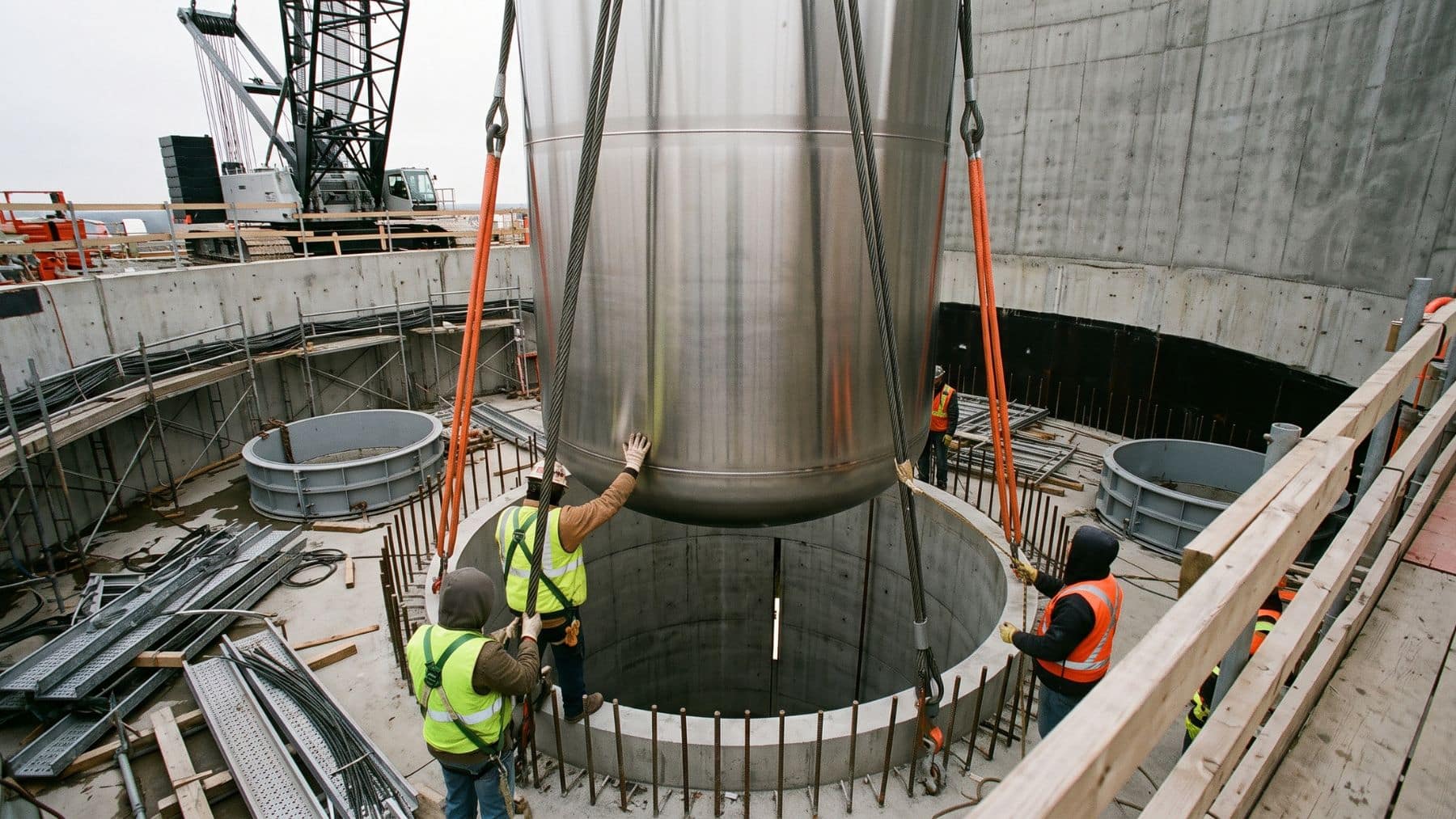 A reactor vessel hanging above an open concrete shaft