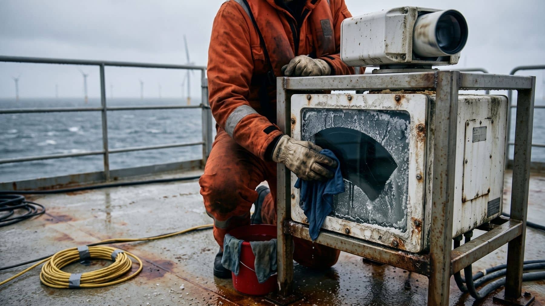 A scanning lidar on a North Sea wind farm platform deck