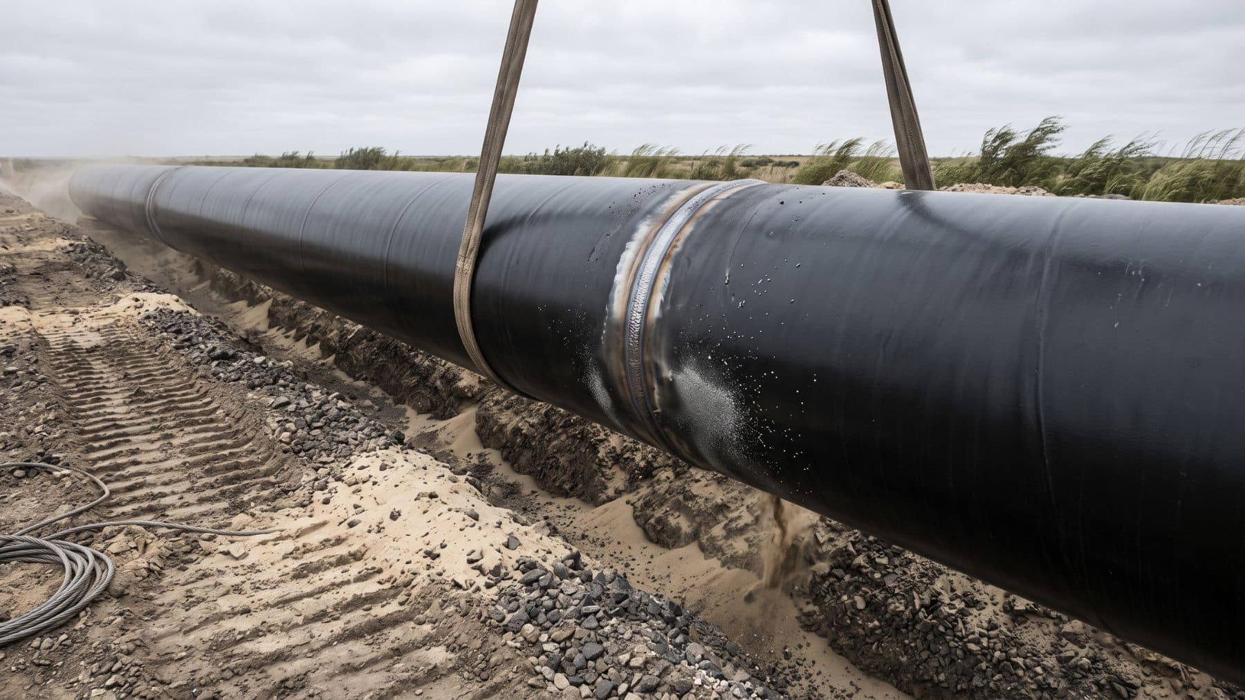 A shale oil pipeline welded joint lowered into open steppe trench